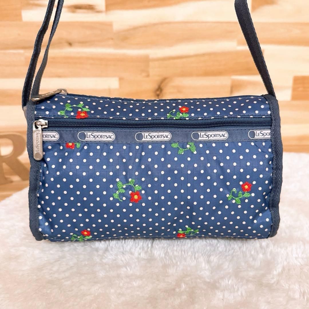 レスポートサック 水玉 ドット柄 刺繍 花柄 ショルダーバッグ 紺×アイボリー 斜めがけクロスボディ ナイロン 水玉 花フラワー