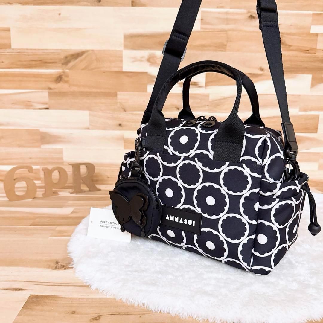 アナスイ モノトーン 花柄 ショルダーバッグ ミニ ボストン 総柄 黒×白 2way ミニ トートバッグ ブラック