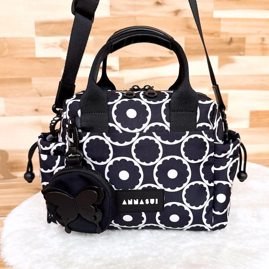 アナスイ モノトーン 花柄 ショルダーバッグ ミニ ボストン 総柄 黒×白 2way ミニ トートバッグ ブラック