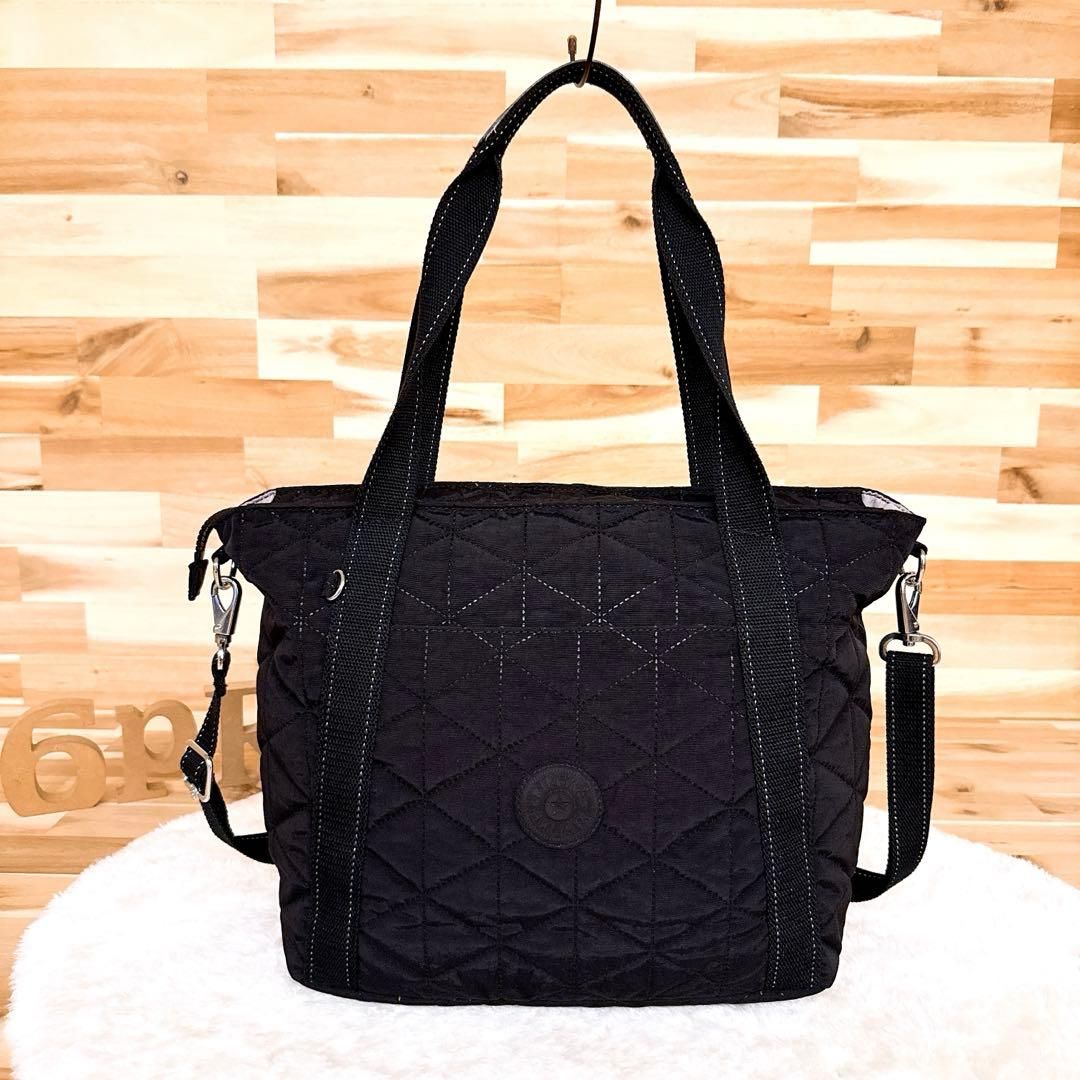 キプリング デボス キルティング ショルダーバッグ2wayトートバッグ 黒×銀 A4サイズ ブラック ダイヤ キルト