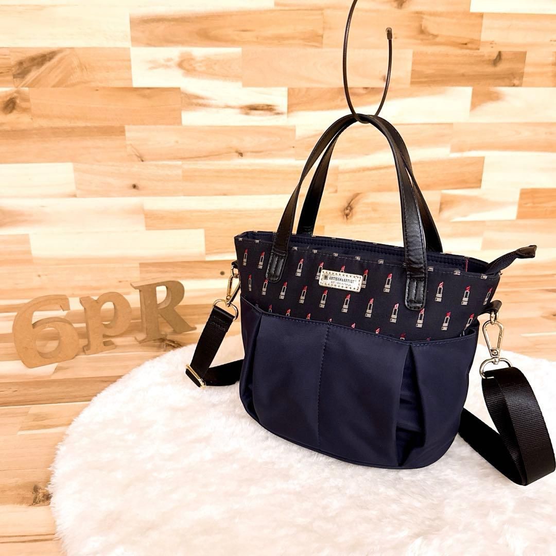アルティザン-アーティスト 口紅 刺繍ショルダーバッグ2wayハンドバッグ 紺ネイビー 斜めがけクロスボディ ミニ トートバッグ