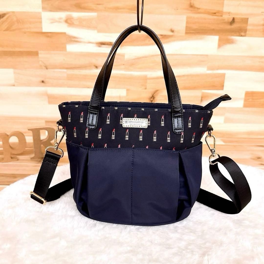 アルティザン-アーティスト 口紅 刺繍ショルダーバッグ2wayハンドバッグ 紺ネイビー 斜めがけクロスボディ ミニ トートバッグ