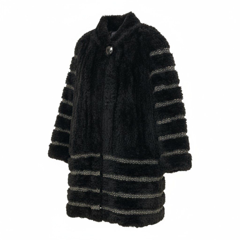 44k14 Erom Roche エロムロシェ ヌートリア ファーコート 毛皮コート 装飾ボタン ボーダー 11号 ブラック グレー レディースu02t
