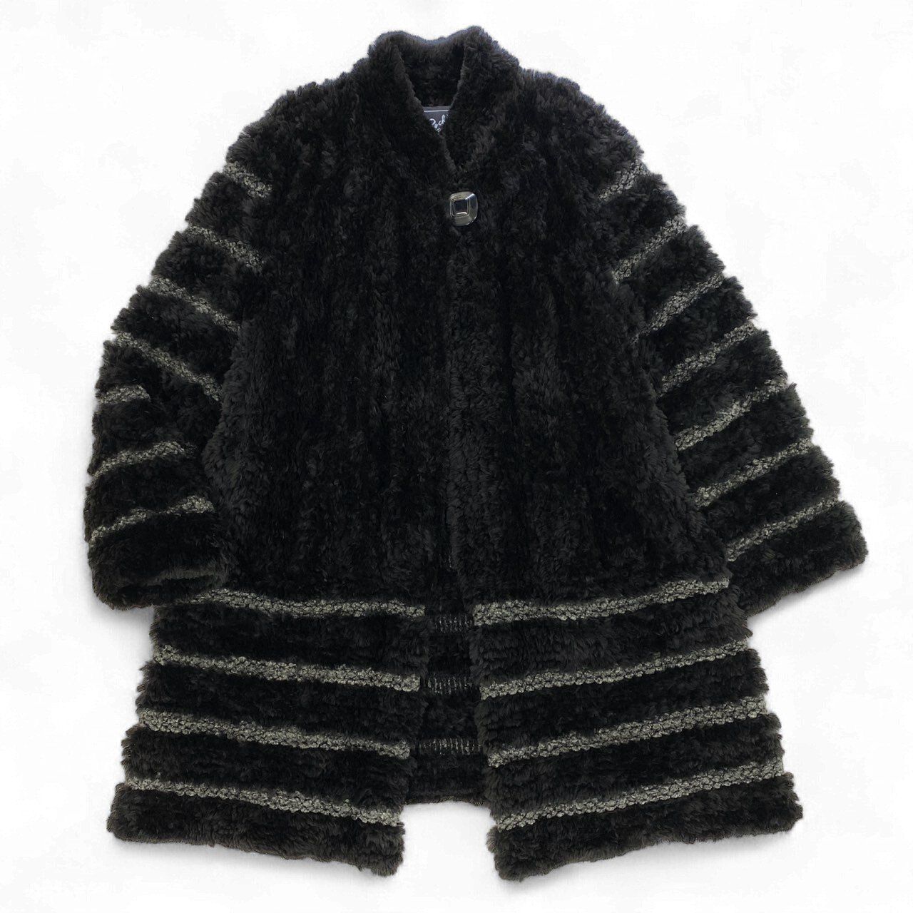 44k14 Erom Roche エロムロシェ ヌートリア ファーコート 毛皮コート 装飾ボタン ボーダー 11号 ブラック グレー レディースu02t