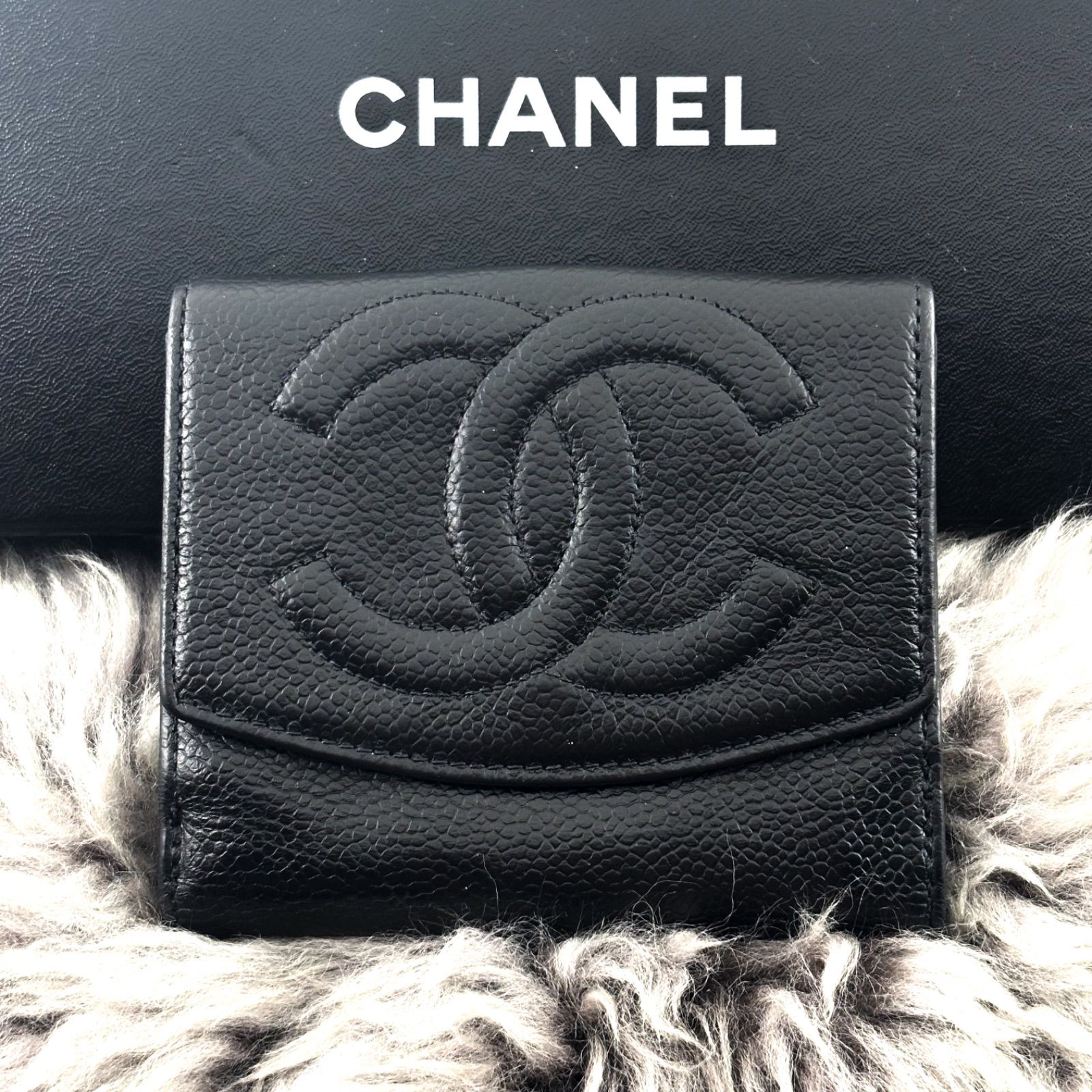 シャネル 財布 ココステッチ キャビアスキン Wホック 二つ折