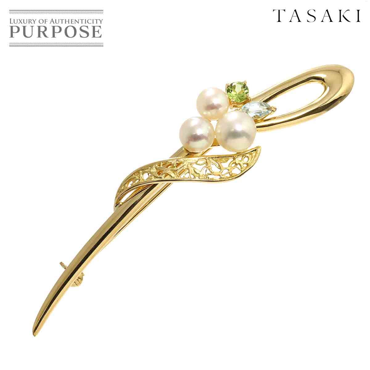 タサキ TASAKI アコヤ真珠 7.2-5.8 mm ペリドット アクアマリン ブローチ K 18 YG 750 パール 田崎 Pearl Brooch