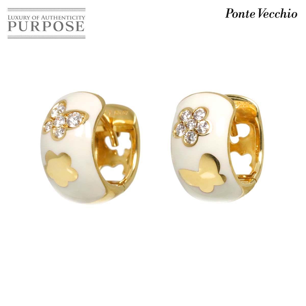 ポンテヴェキオ Ponte Vecchio ダイヤ 0.07 0.07ct ピアス K18 YG 750 エナメル 花 蝶 Diamond Earrings Pierced 90301832