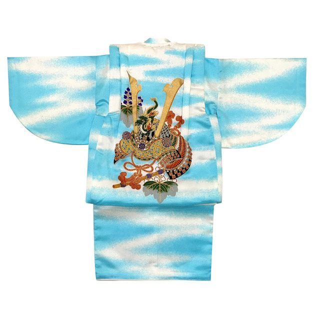 初節句やお正月に 男の子 でんちセット 赤ちゃんの着物 ちゃんちゃんこセット 化繊 水色系 兜 KBDS 021