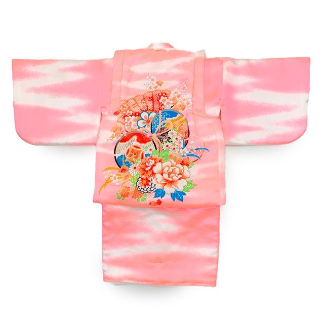 初節句やお正月に 女の子 でんちセット 赤ちゃんの着物 ちゃんちゃんこセット 化繊 ピンクぼかし 鼓 KGDS 022
