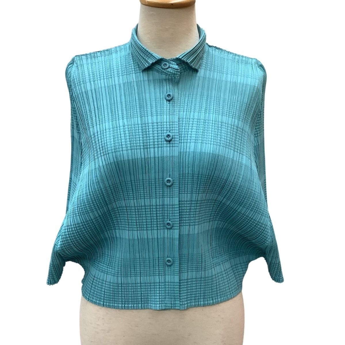 ISSEY MIYAKE イッセイミヤケ PLEATS PLEASE 変形 チェック シャツ SIZE 3 スカイブルー
