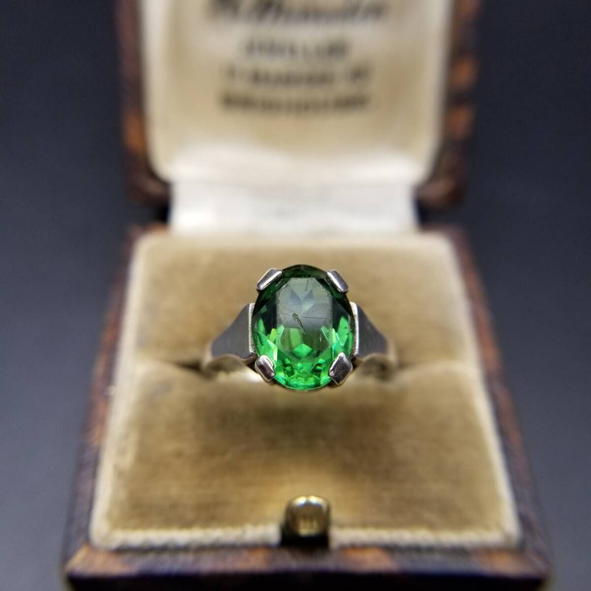 英国 ヴィンテージ グリーンガラス オーバルカット 925 シルバー