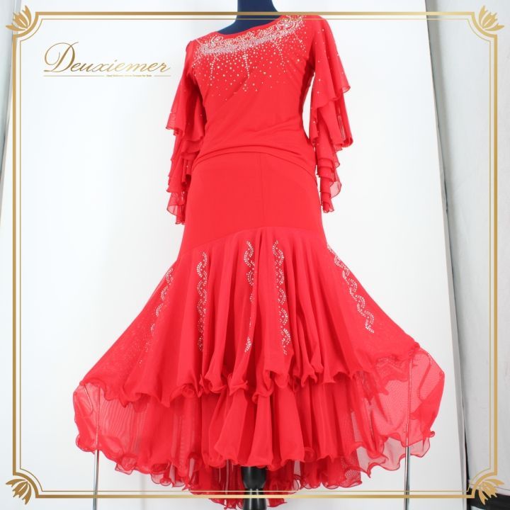 社交ダンス 衣装 上下セット ツーピース レッスンウェア パーティ衣装 女性用 レディース オールシーズン 赤 ラインストーン レッド系 フォーマル 衣装セット スカート タイト フィットネス ダンスウェア おしゃれ 美しい