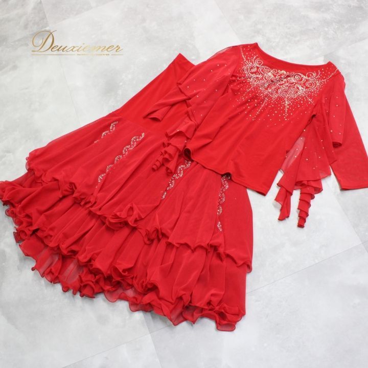  社交ダンス 衣装 上下セット ツーピース レッスンウェア パーティ衣装 女性用 レディース オールシーズン 赤 ラインストーン レッド系 フォーマル 衣装セット スカート タイト フィットネス ダンスウェア おしゃれ 美しい ドレス ダンス衣装 社交ダンス