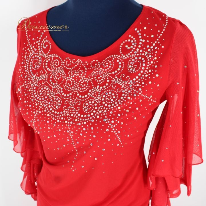 社交ダンス 衣装 上下セット ツーピース レッスンウェア パーティ衣装 女性用 レディース オールシーズン 赤 ラインストーン レッド系 フォーマル 衣装セット スカート タイト フィットネス ダンスウェア おしゃれ 美しい