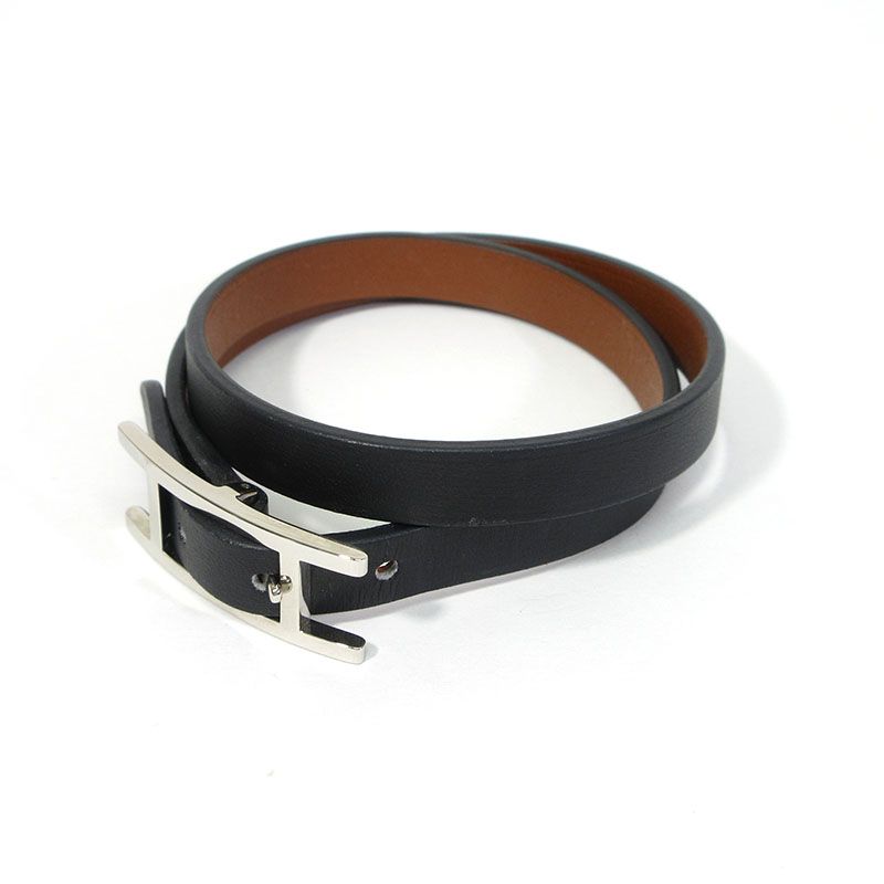 三重本店 HERMES エルメス ブレスレット ビーアピ ドゥブルトゥール レザー サイズ T3 ブラック×ブラウン系×シルバー 135