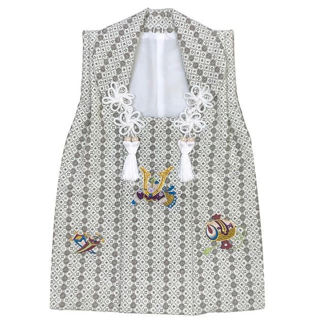 七五三 男の子 三歳 被布セット 被布コート 雪駄 信玄袋 足袋 4点コーデセット 合繊 生成り系 小紋柄に兜と小槌 IBH498-set01