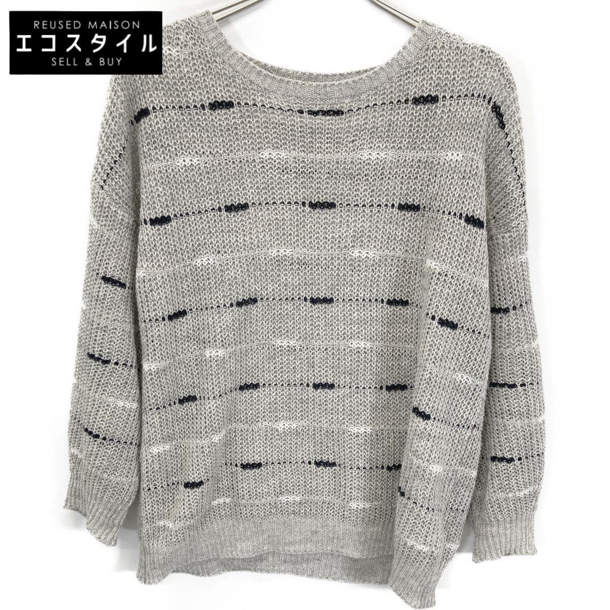 theory luxe セオリーリュクス 03-910171 ｸﾞﾚｰ×ﾌﾞﾗｯｸ ﾘﾈﾝ100 ﾃﾞｻﾞｲﾝﾒｯｼｭﾆｯﾄﾌﾟﾙｵｰﾊﾞｰ 38