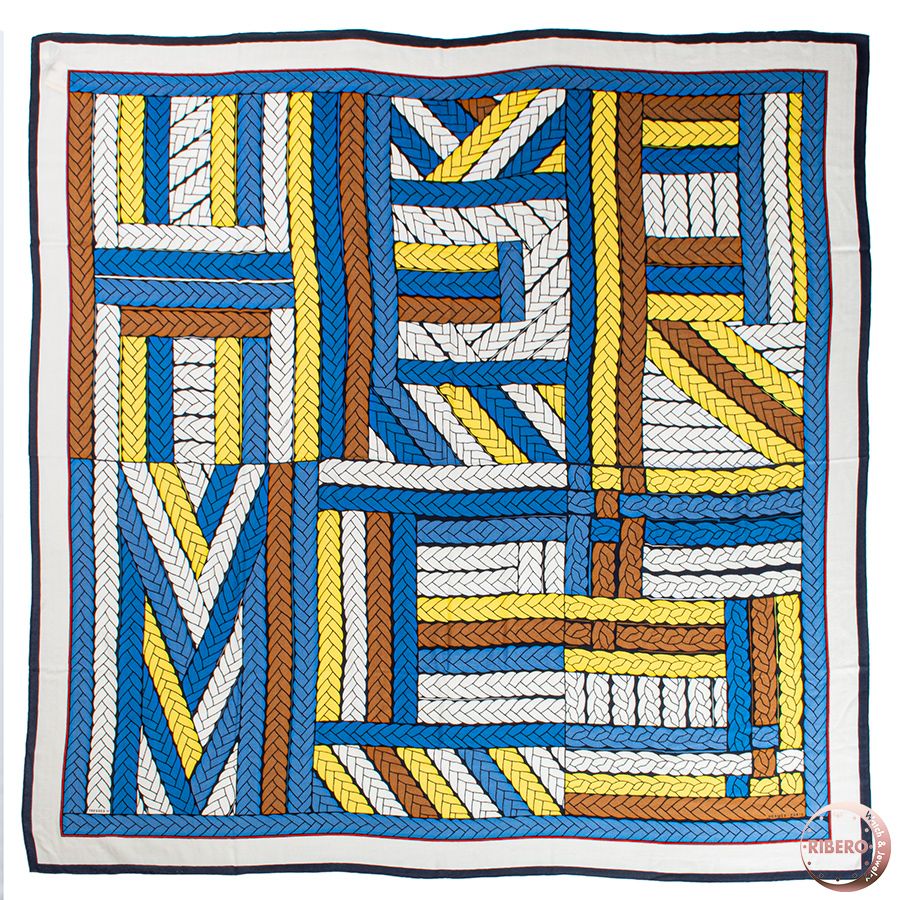 HERMES エルメス カレジェアン Tresses H トレッセ スカーフ カレ140 ショール ストール ブルー マルチ