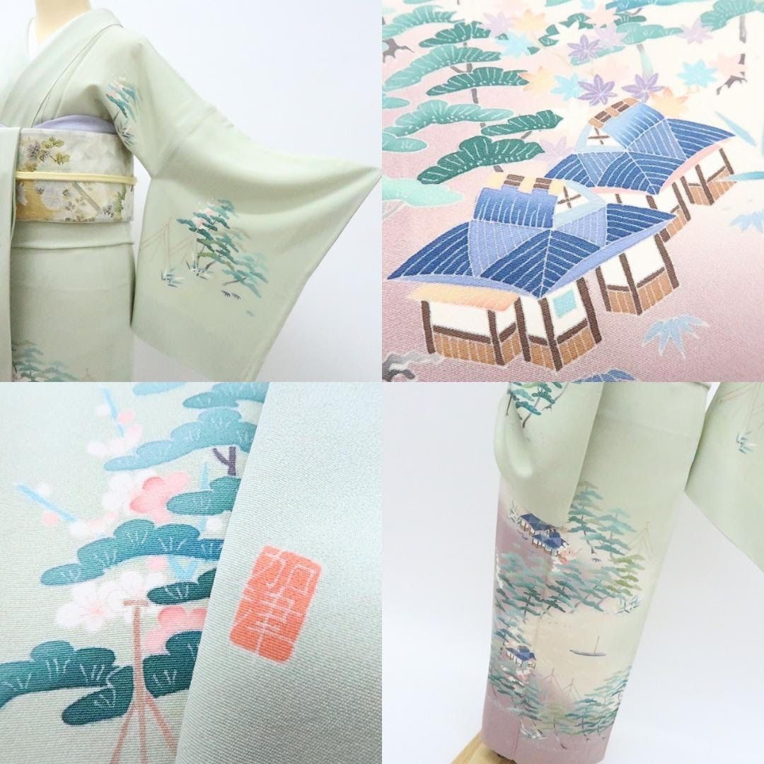 百華❀Y2430◇正絹 染め一つ紋 手縫い仕立て 訪問着 着物 - メルカリ