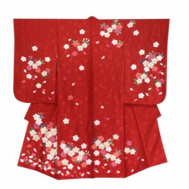 七五三 着物 3歳 女の子 フルセット 正絹 友禅柄 三つ身の絵羽着物 小寸結び帯 小物セット 赤 桜 OK3K2387o2409KAHp