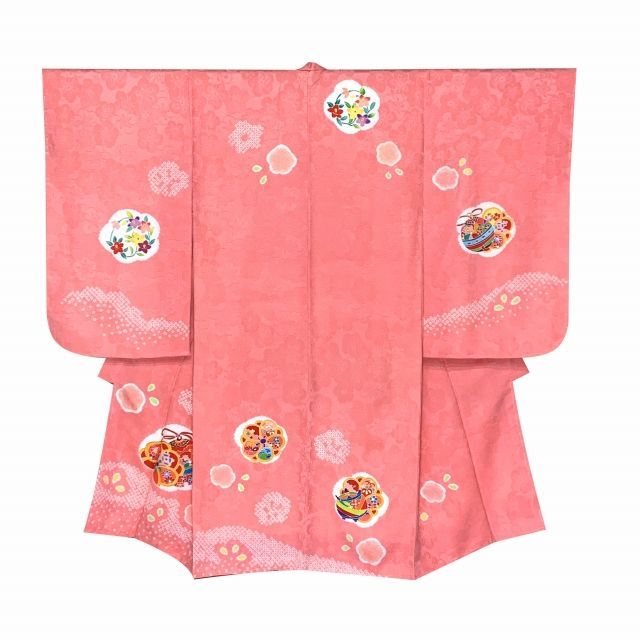 七五三 着物 3歳 女の子 フルセット 正絹 本絞り 友禅柄 三つ身の絵羽着物 小寸結び帯 小物セット ピンク 鈴と梅 糸車 OK3K2384o2419KSZp