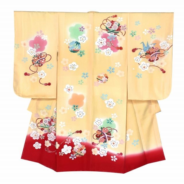 七五三 着物 3歳 女の子 フルセット 正絹 友禅柄 三つ身の絵羽着物 小寸結び帯 小物セット 黄色x赤 花手鞠と鶴 OK3K2386o2423RRw