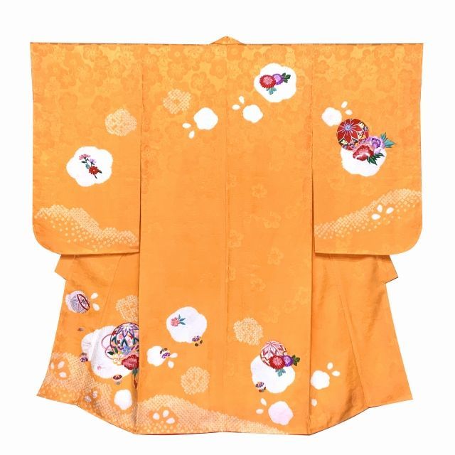 七五三 着物 3歳 女の子 フルセット 正絹 本絞り三つ身の絵羽着物 小寸結び帯 小物セット 黄色 梅と蝶 OK3K2392o2419KSHr