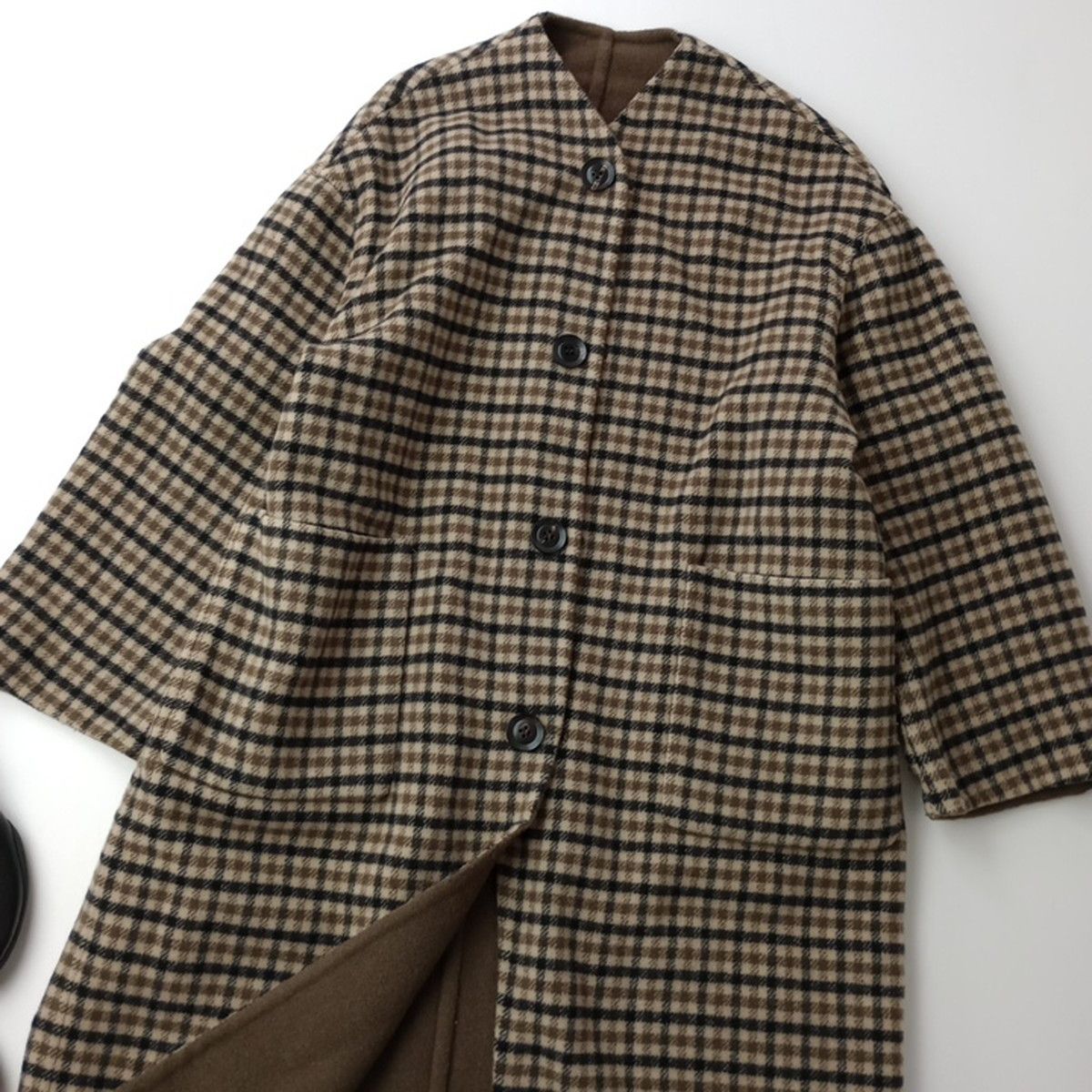 美品♡ルグラジック リバーシブルカラーレスコート チェック メリノウール 36 LE GLAZIK ルグラジック リバーシブル カラーレス コート チェック