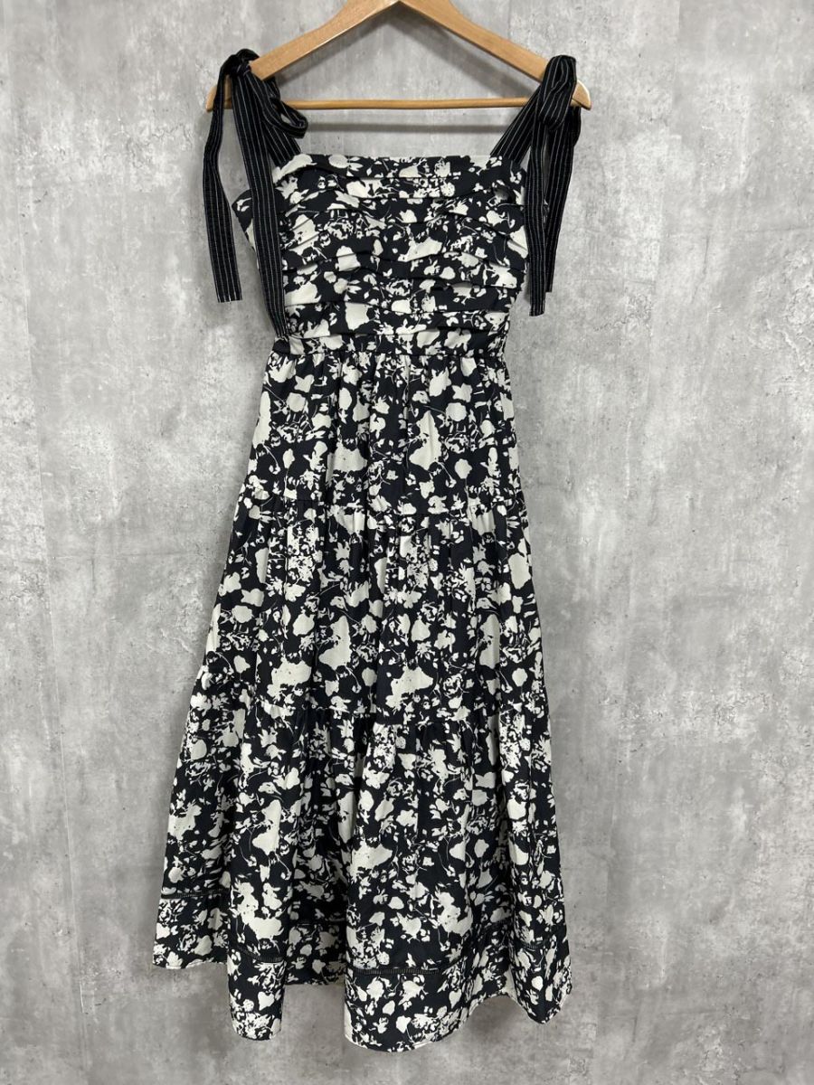 Estella K エステラケー 花柄 ティアード Aライン ワンピース sizeF 白ｘ黒 レディース