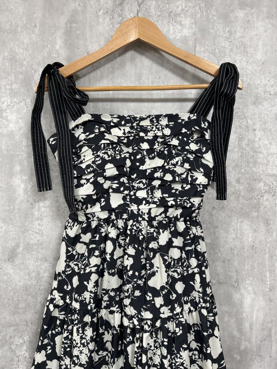 Estella K エステラケー 花柄 ティアード Aライン ワンピース sizeF 白ｘ黒 レディース