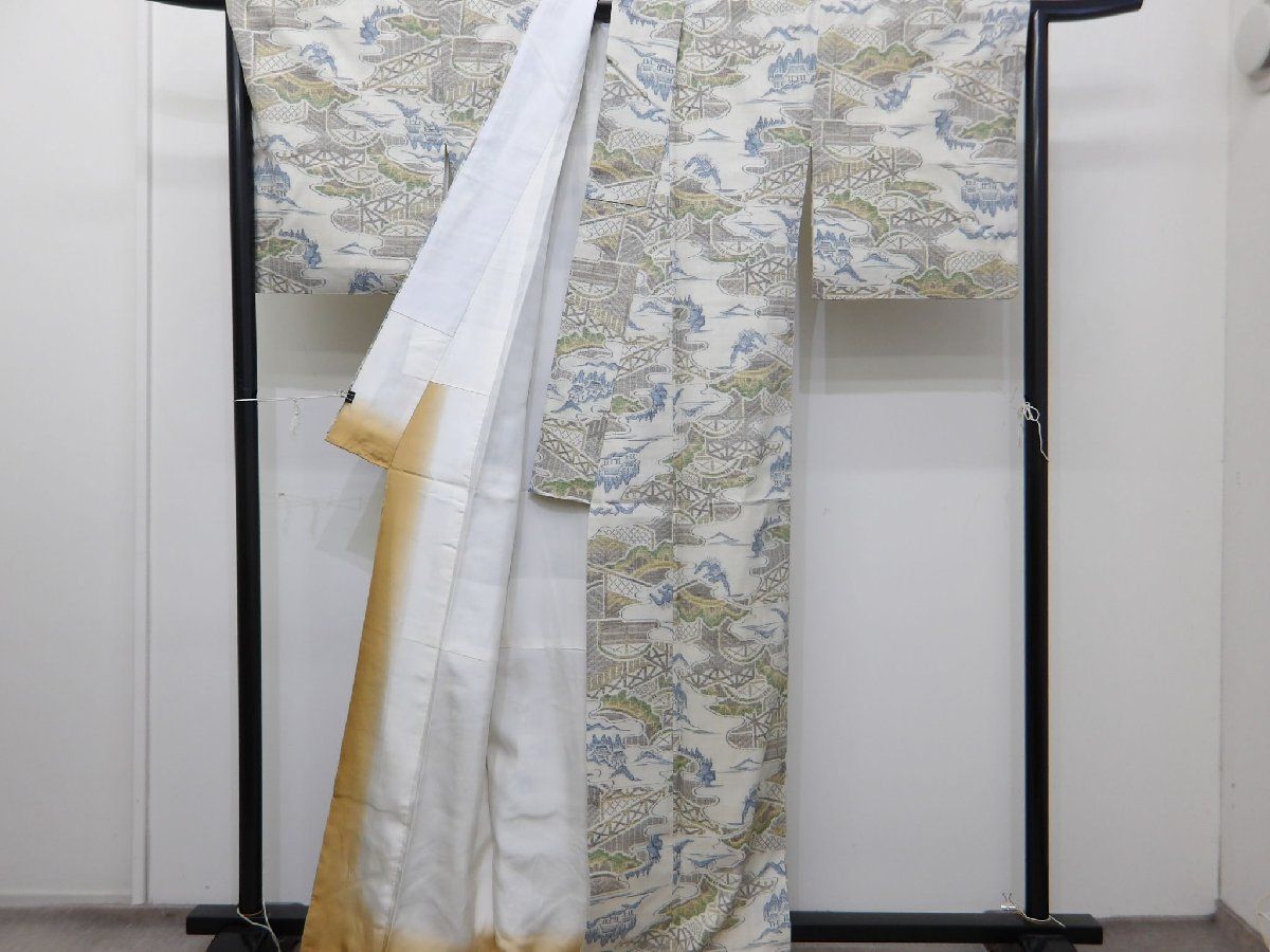 P 40899 地機 横絣入り 100亀甲 本場 結城紬 袷 c