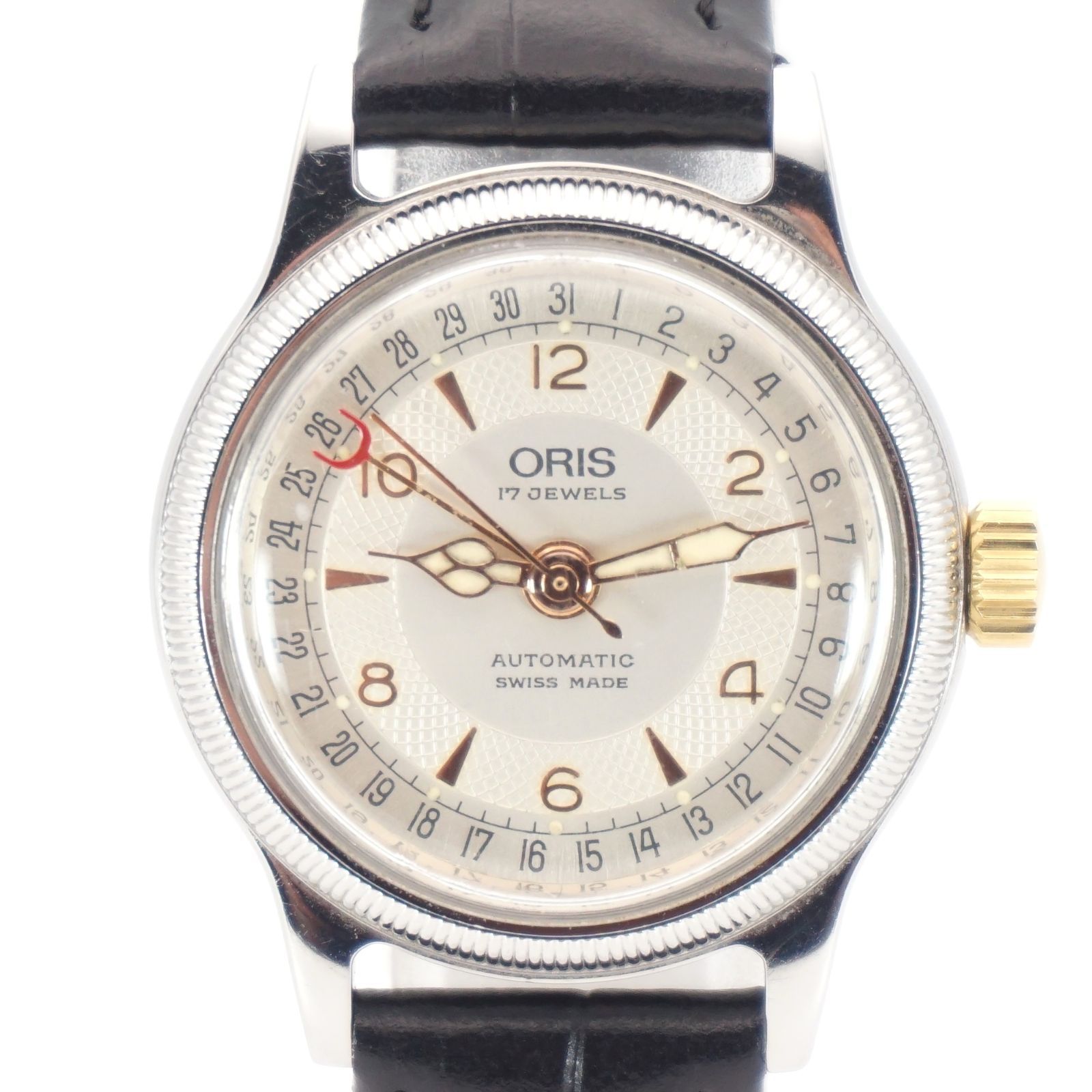 ORIS オリス 7464 ポインターデイト 自動巻き レディース 腕時計 シルバー文字盤 ビッグクラウン 稼働品 ストラップ ヴィンテージ ウォッチ