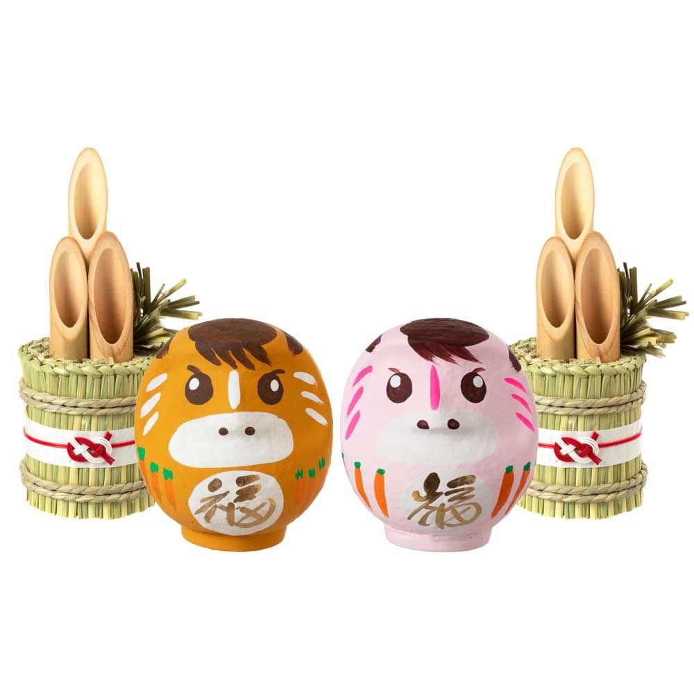 高崎だるま 2026年干支だるま午 翠竹 門松付きペアセット 茶 桃 令和8年 馬 うま 招福万来の正月飾り 縁起物 置物 インテリア 群馬県指定ふるさと伝統