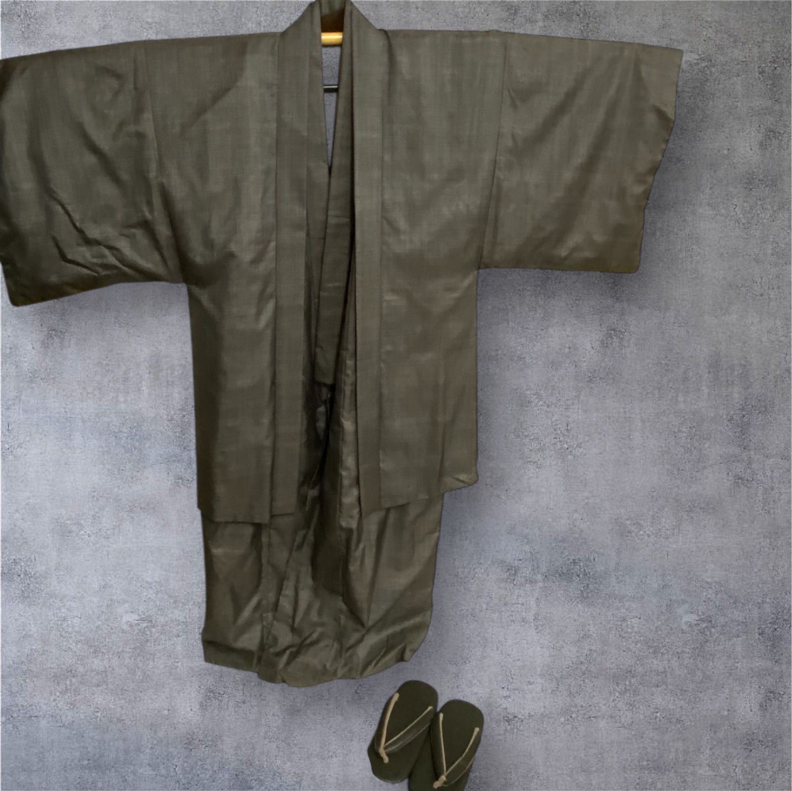 紳士着物 羽織りアンサンブル2品 カレンブロッソ カフェ草履 メンズM 男性着物 和服 茶色 着物セット 和装 秋冬 アンサンブル