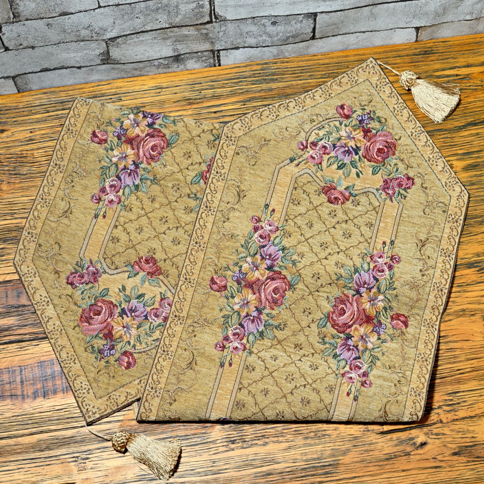 ベルギー製 ゴブラン織り タッセル付きテーブルセンターマット TRIANA ベージュ 幅32 5 長さ168 cm