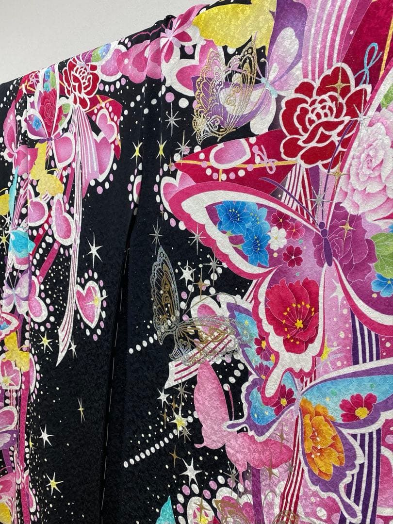 振袖 銀通し 蝶 仮絵羽 未仕立て品 黒地 正絹 八掛付き 舞台衣装 大衆演劇 振袖 仮絵羽 ストーン 刺繍 舞台衣装 正絹 未仕立て品 八掛付きMOK814