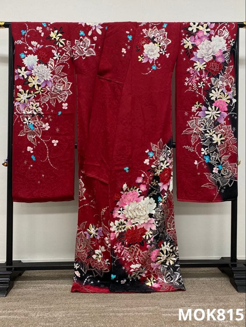 小紋振袖 仮絵羽 舞台衣装 正絹 鶴 紋意匠 未仕立て品 ぼかし八掛付き 振袖 仮絵羽 ラメ刺繍 舞台衣装 正絹 未仕立て品 八掛付き MOK815