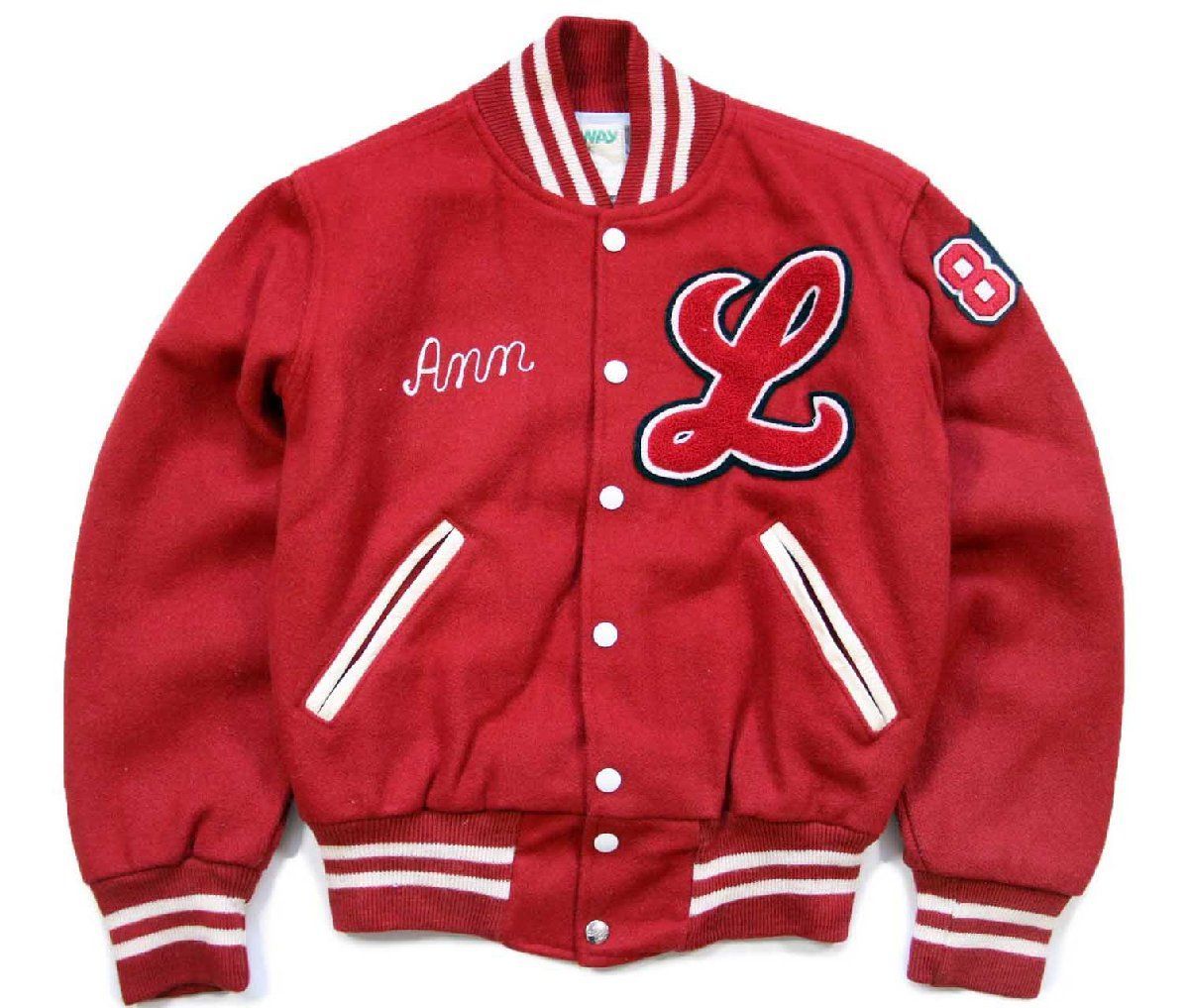 80s HOLLOWAY Lowell チェーン刺繍-パッチ付き メルトン ウール スタジャン 赤 YOUTH L ジャケット ビンテージ キッズ