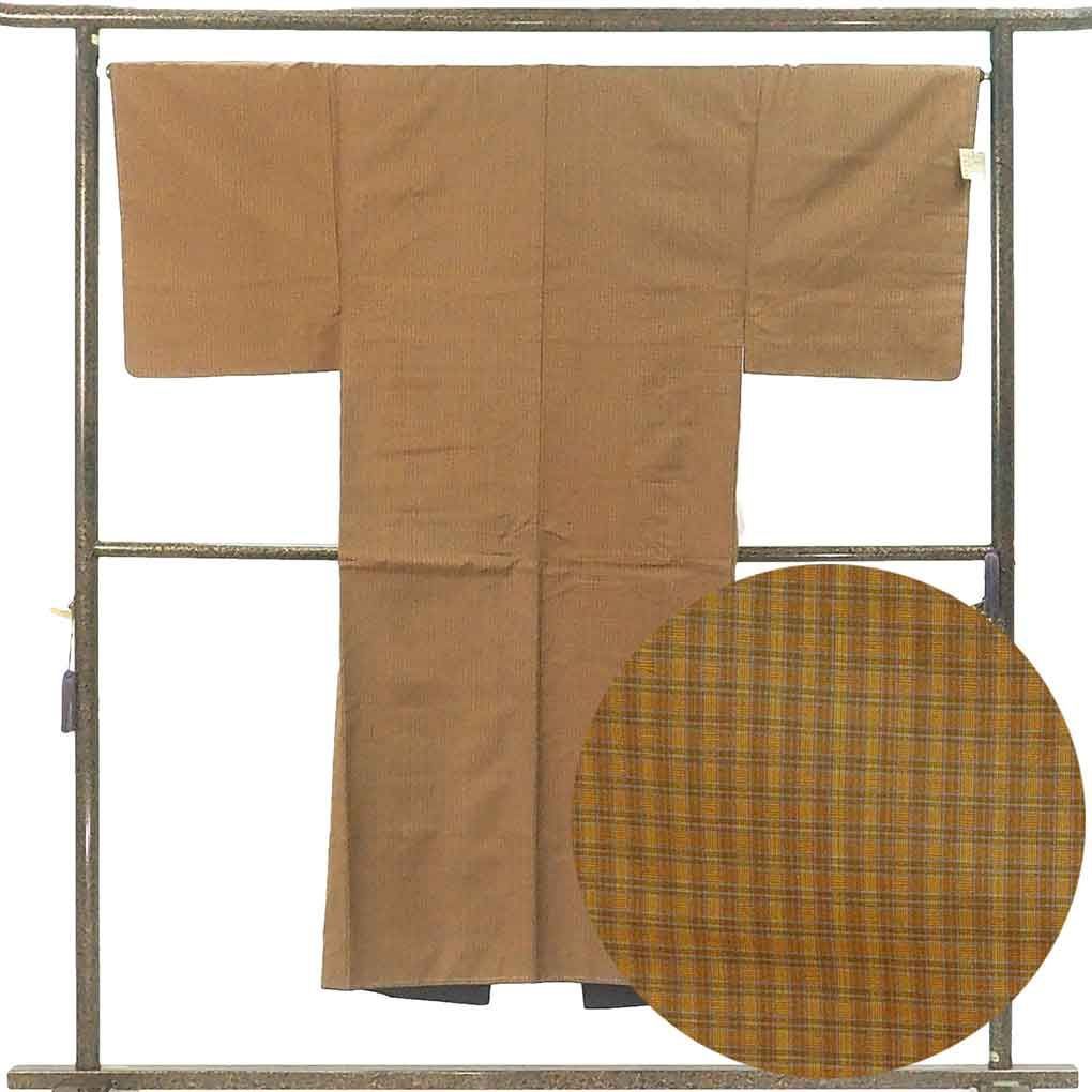 男物着物 身丈141cm 裄67cm 前幅25cm 後幅30.5cm 袖丈49cm 袖幅33cm メンズ 袷 格子 裄長 裄Lサイズ 秋冬春用 正絹 シルク ブラウン リメイク リユース リサイクル 呉服のきくや