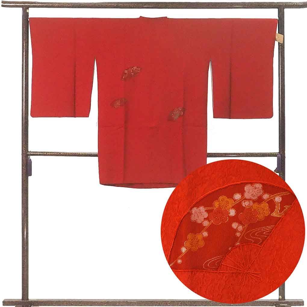 コート コート丈91 cm 裄68 袖丈55 袖幅34 5 レディース 袷 扇面 裄長 裄Lサイズ 秋冬春用 正絹 シルク レッド リメイク リユース リサイクル 呉服のきくや