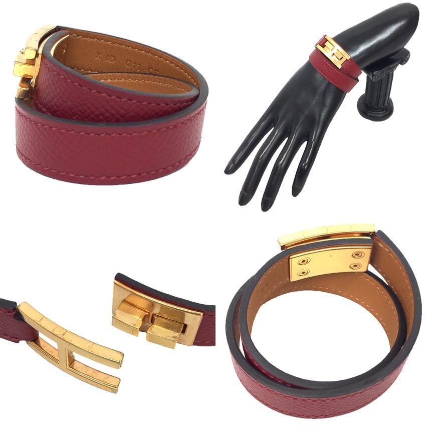 HERMES エルメス ドラッグ ドゥブルトゥール T レザー ブレスレット 赤 aq 11669