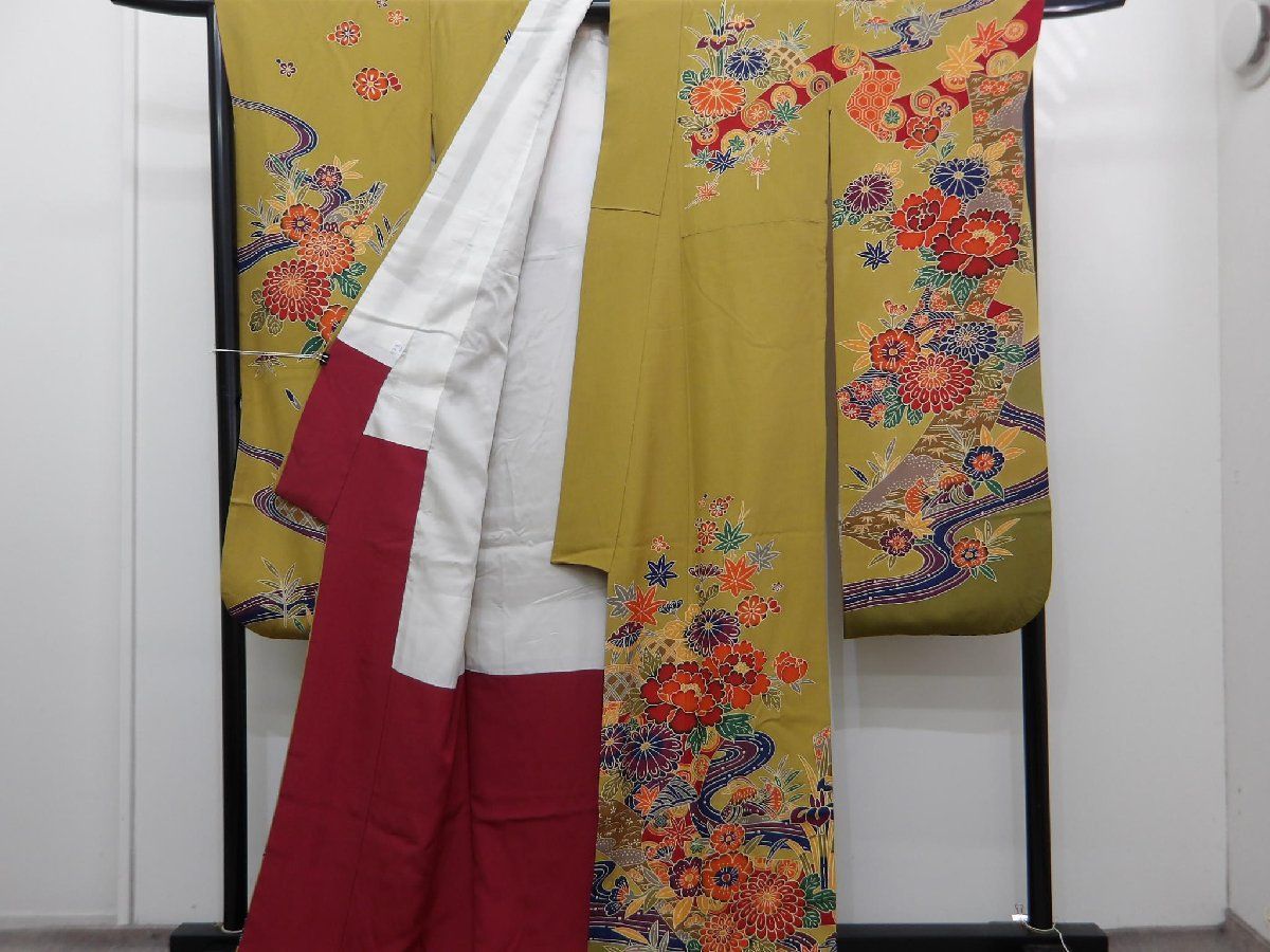 P 40889 紅型調 縮緬 金茶 振袖 袷 k