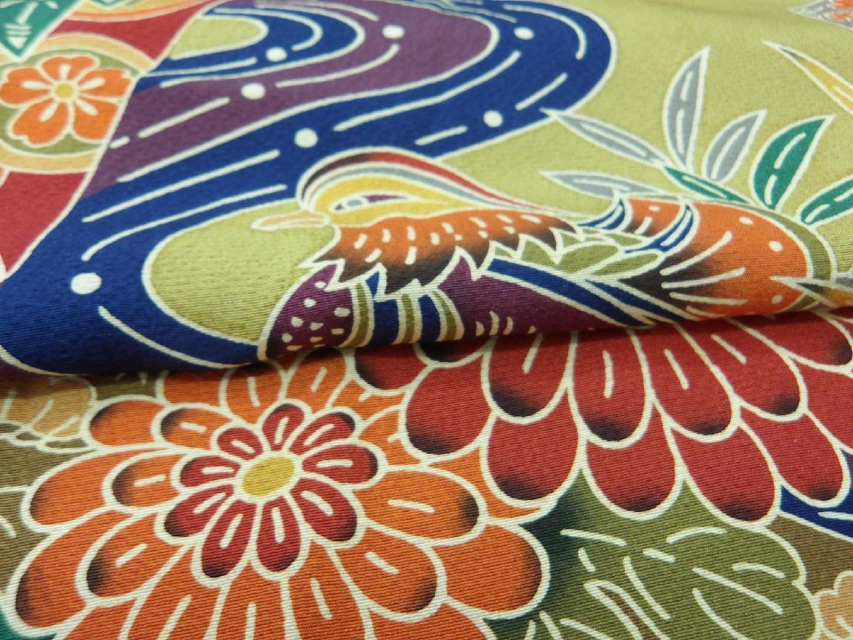  P 40889 紅型調 縮緬 金茶 振袖 袷 k 振袖 着物