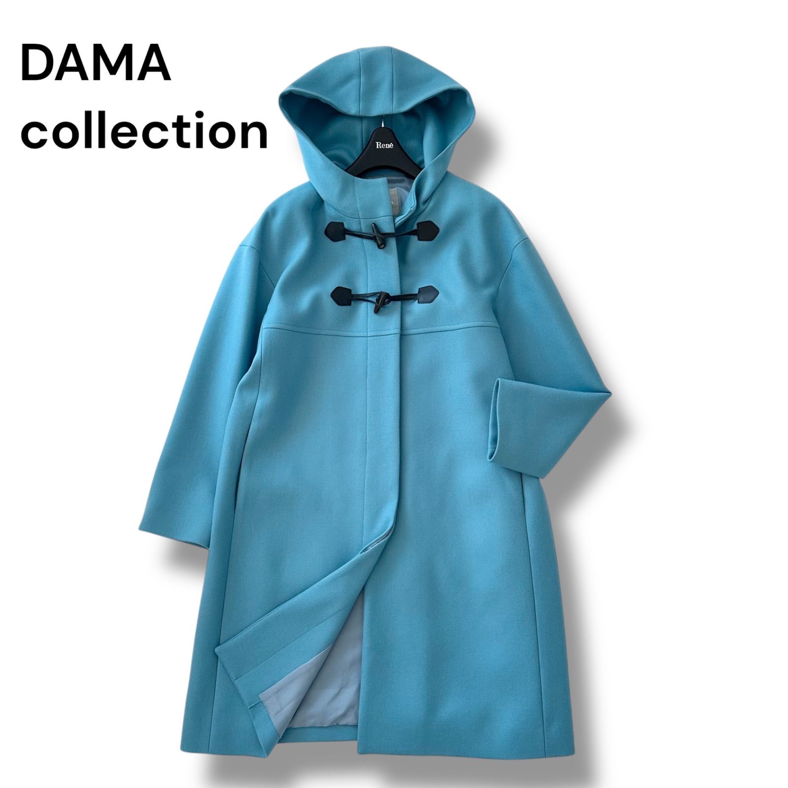 DAMA collection ウールダブルサージ フーデッドコート サックスブルー L ダッフル風 ロングコート 上品