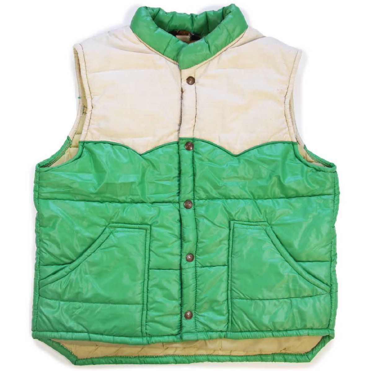 70s Swingster ツートン ヨーク切り替え 中綿入り ナイロンベスト 黄緑×ベージュ M ビンテージ レーシング コンビ バイ