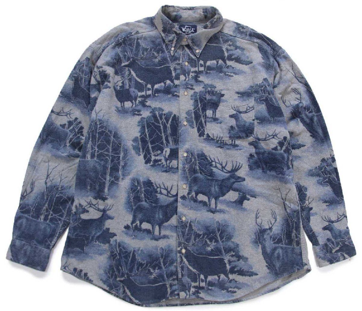 80s Woolrichウールリッチ 鹿柄 ボタンダウン コットン シャモアクロスシャツ XL ビンテージ アウトドア 総柄 迷彩 ビッグサイズ