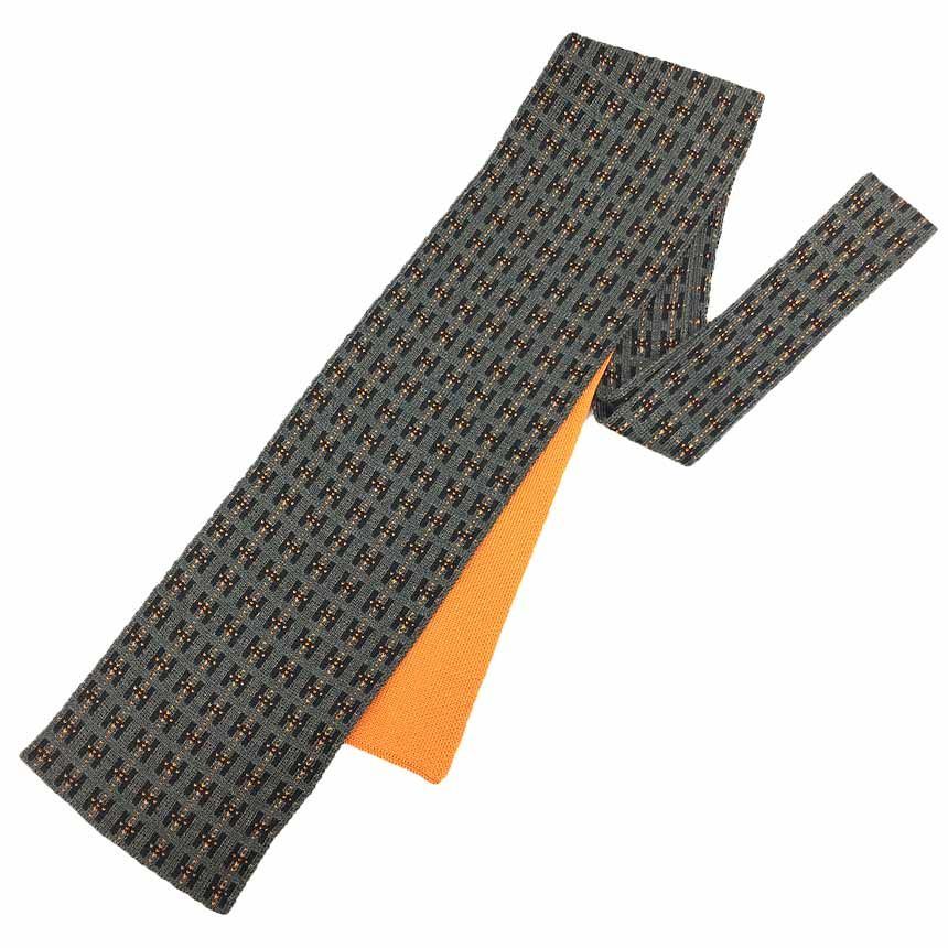 HERMES エルメス ニットタイ ネクタイ Ｈロゴ グレー×オレンジ シルク aq 11664