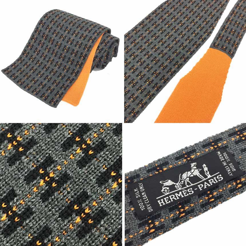 HERMES エルメス ニットタイ ネクタイ Hロゴ グレー×オレンジ シルク aq11664