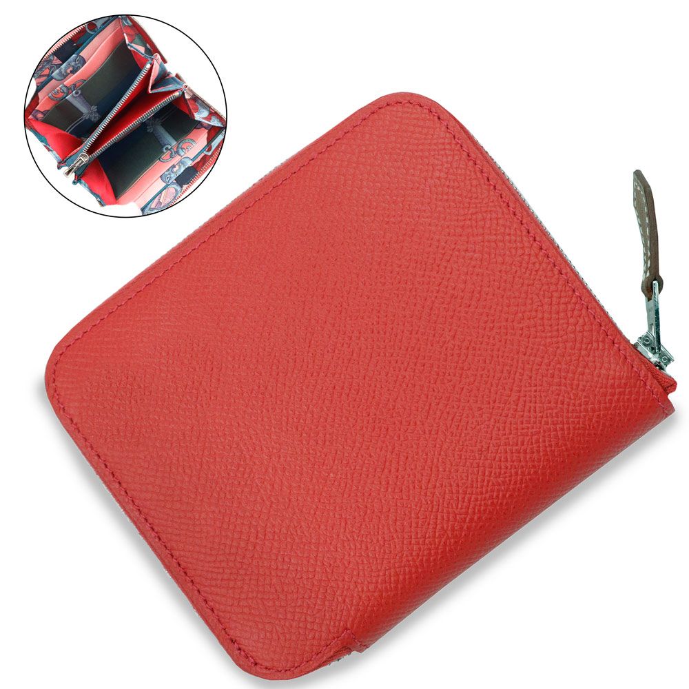 エルメス アザップ シルクイン コンパクト デッラ カヴァッレリア ラウンド コインケース 小銭入れ 財布 ヴォーエプソン レザー シルク Rouge Casaque ルージュカザック レッド シルバー金具 C刻印 HERMES