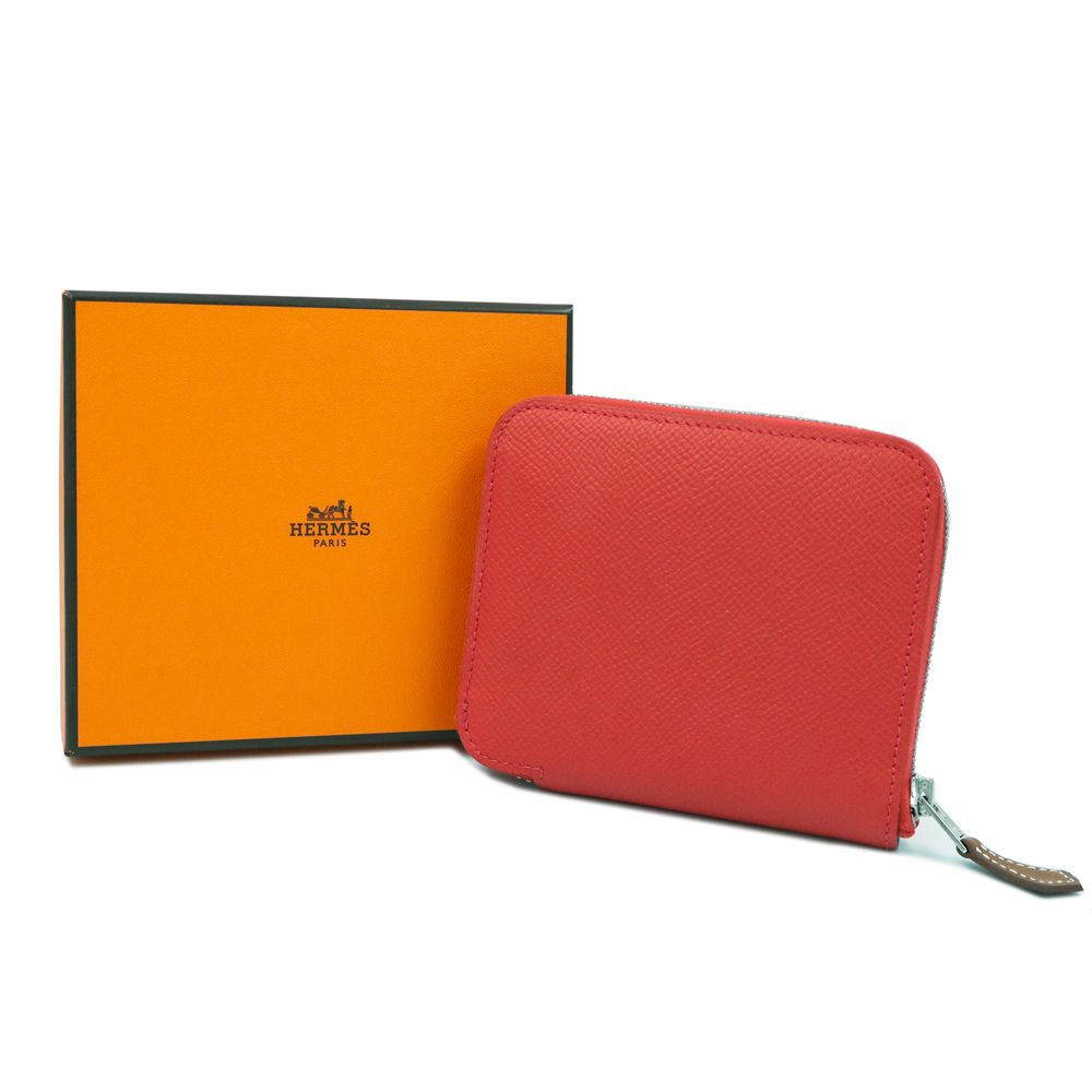 エルメス アザップ シルクイン コンパクト デッラ カヴァッレリア ラウンド コインケース 小銭入れ 財布 ヴォーエプソン レザー シルク Rouge Casaque ルージュカザック レッド シルバー金具 C刻印 HERMES